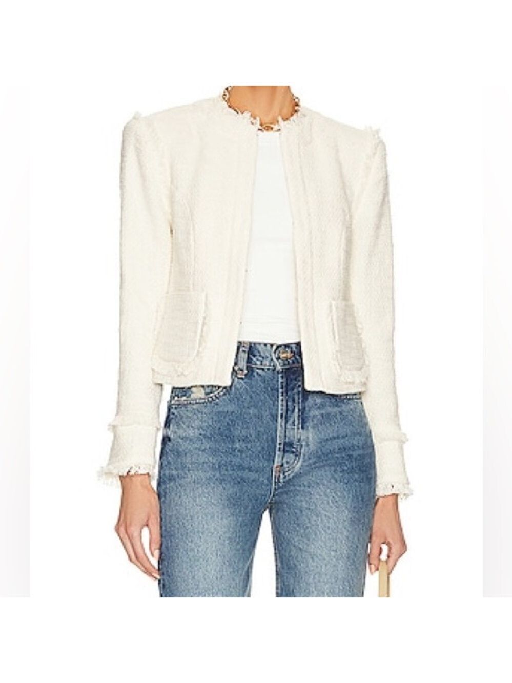 CINQ A SEPT Women’s Keegan Fringe Cropped Textured Jacket Gardenia Cream 4